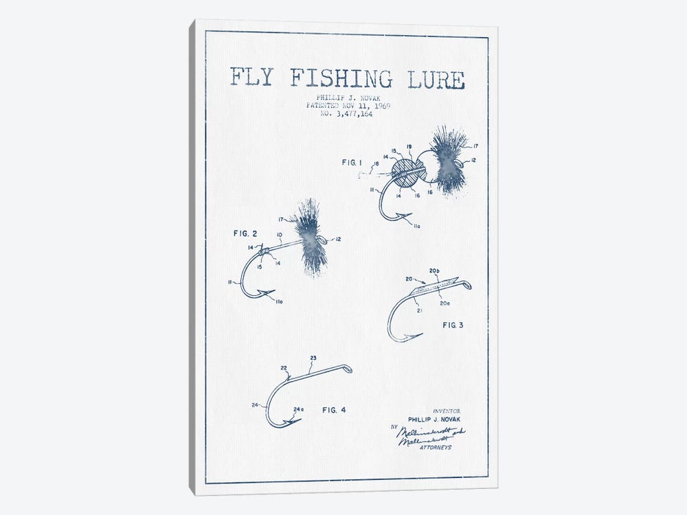 P.J. Novak Fly Fishing Lure Patent Sketch (Ink) by Aged Pixel 1-piece Canvas Wall Art