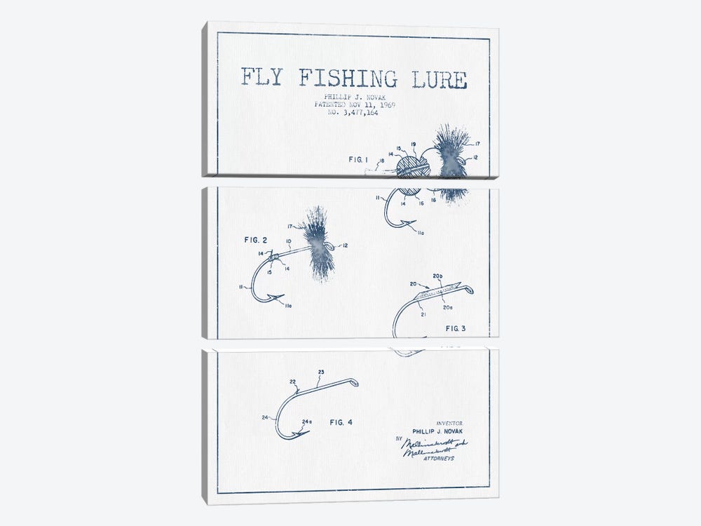 P.J. Novak Fly Fishing Lure Patent Sketch (Ink) by Aged Pixel 3-piece Canvas Wall Art