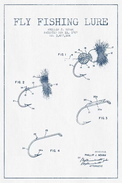 Sports Blueprints: P.J. Novak Fly Fishing Lure Patent Sketch (Ink) by Aged Pixel