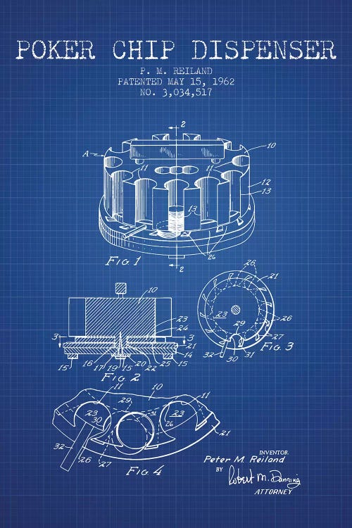 P.M. Reiland Poker Chip Dispenser Patent Sketch (Blue Grid)