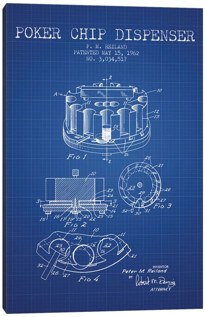 P.M. Reiland Poker Chip Dispenser Patent Sketch (Blue Grid) Canvas Art Print - Gambling Art