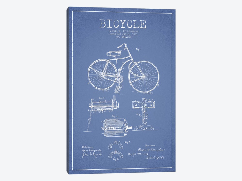 Pardon W. Tillinghast Bicycle Patent Sketch (Light Blue) by Aged Pixel 1-piece Canvas Art