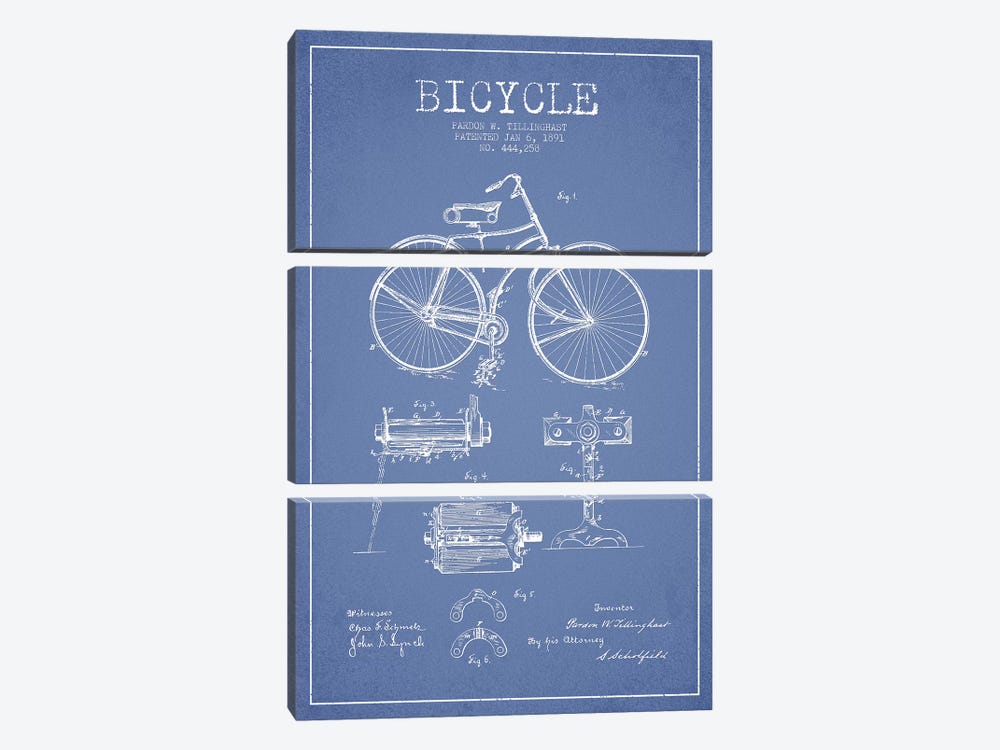 Pardon W. Tillinghast Bicycle Patent Sketch (Light Blue) by Aged Pixel 3-piece Canvas Artwork