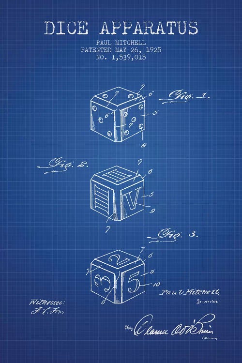 Paul Mitchell Dice Apparatus Patent Sketch (Blue Grid)