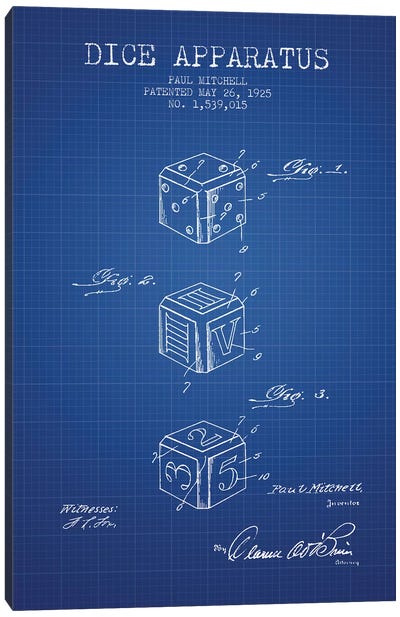 Paul Mitchell Dice Apparatus Patent Sketch (Blue Grid) Canvas Art Print - Toy & Game Blueprints