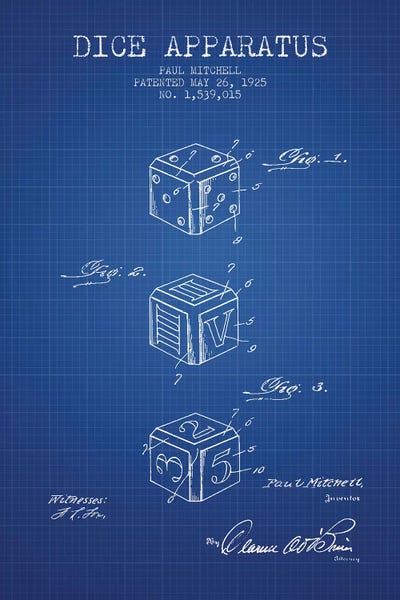 Paul Mitchell Dice Apparatus Patent Sketch (Blue Grid)