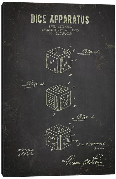 Paul Mitchell Dice Apparatus Patent Sketch (Charcoal) Canvas Art Print - Toy & Game Blueprints