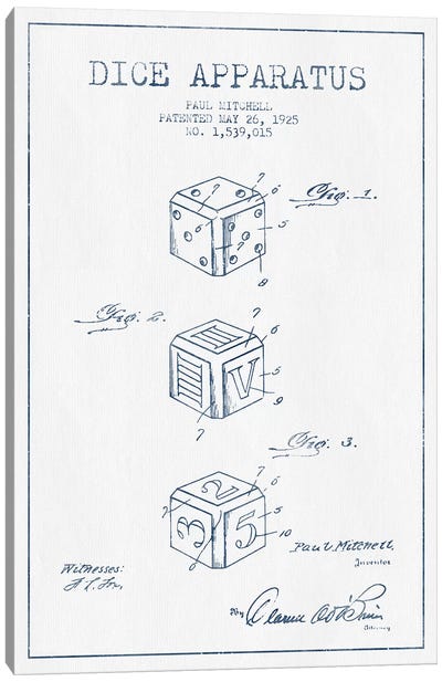 Paul Mitchell Dice Apparatus Patent Sketch (Ink) Canvas Art Print - Toy & Game Blueprints