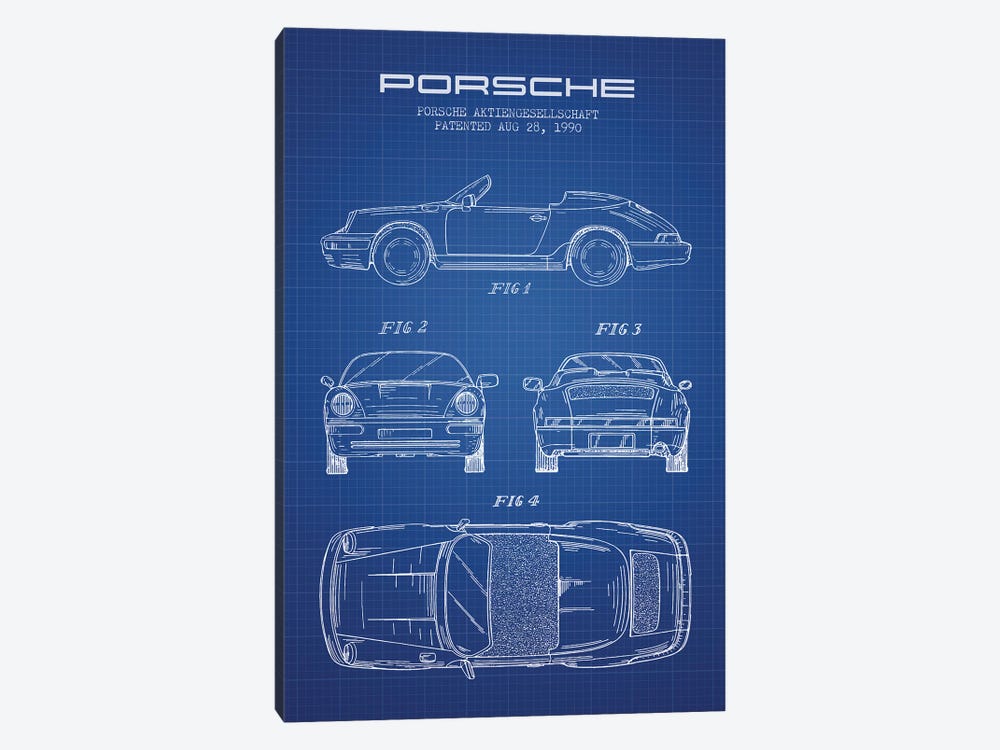 Porsche Corporation Porsche Patent Sketch (Blue Grid) by Aged Pixel 1-piece Canvas Artwork