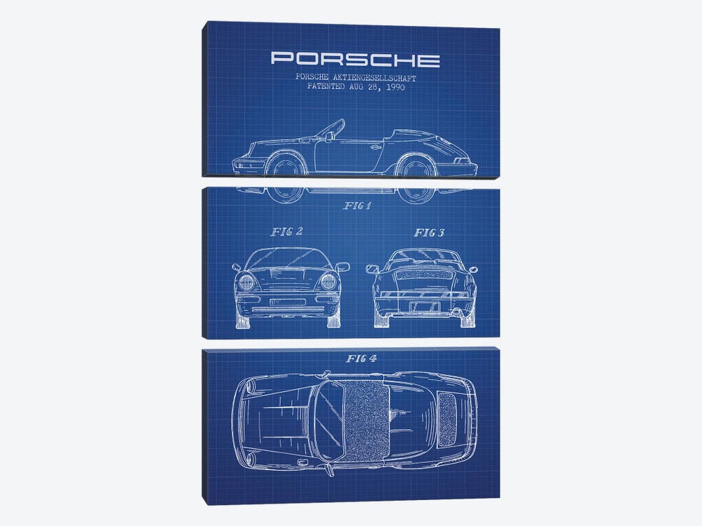 Porsche Corporation Porsche Patent Sketch (Blue Grid) by Aged Pixel 3-piece Canvas Artwork