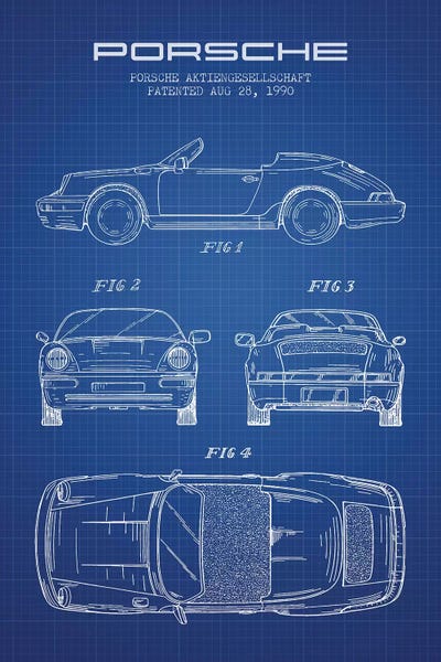 Automobile Blueprints: Porsche Corporation Porsche Patent Sketch (Blue Grid) by Aged Pixel