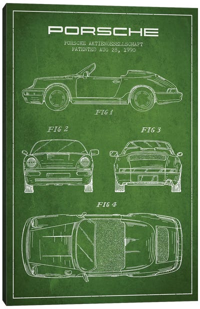 Porsche Corporation Porsche Patent Sketch (Green) Canvas Art Print - Automobile Blueprints