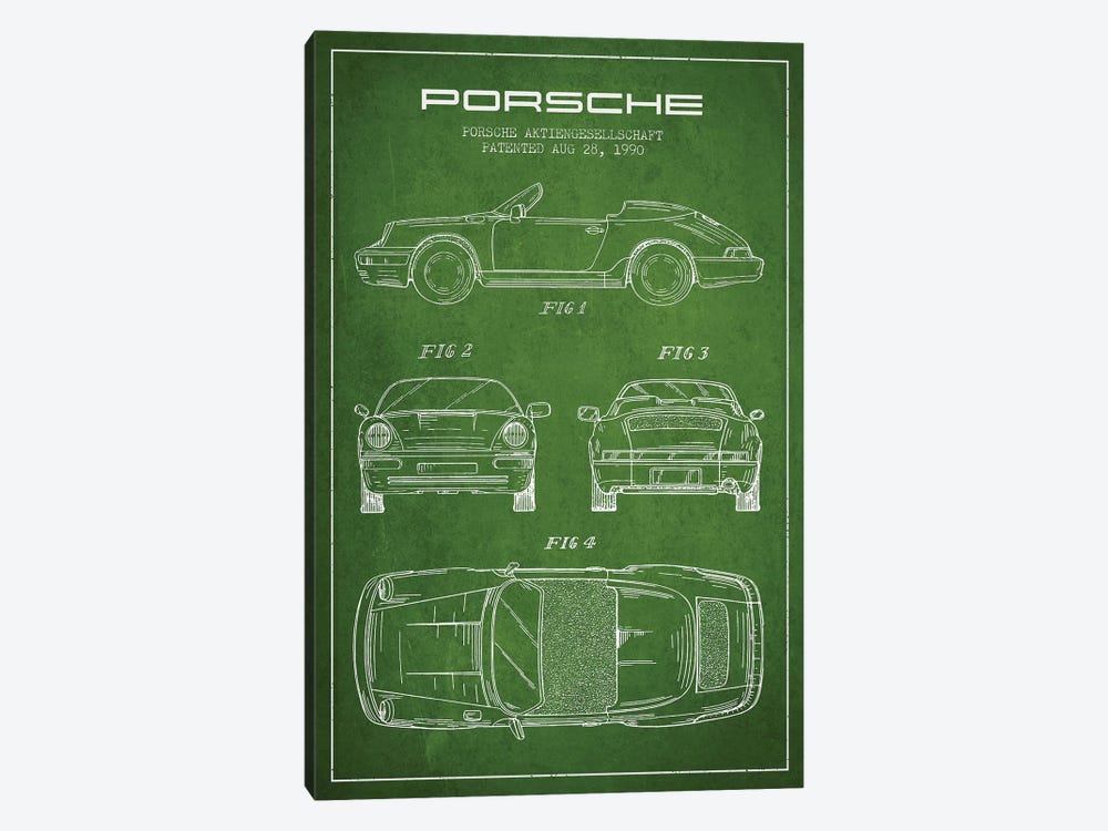 Porsche Corporation Porsche Patent Sketch (Green) by Aged Pixel 1-piece Canvas Wall Art
