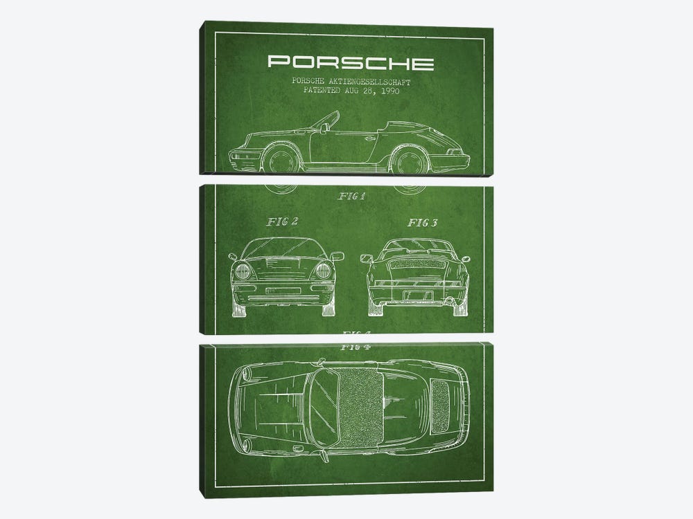 Porsche Corporation Porsche Patent Sketch (Green) by Aged Pixel 3-piece Canvas Wall Art