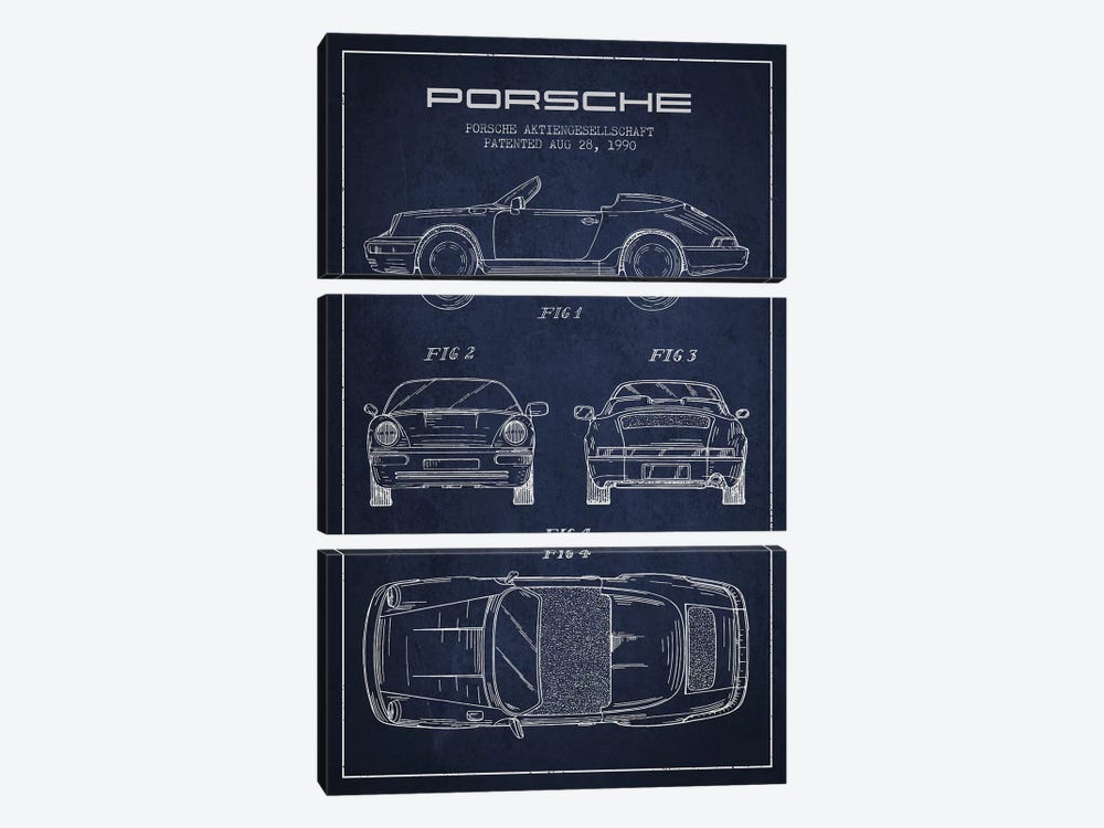 Porsche Corporation Porsche Patent Sketch (Navy Blue) by Aged Pixel 3-piece Canvas Art