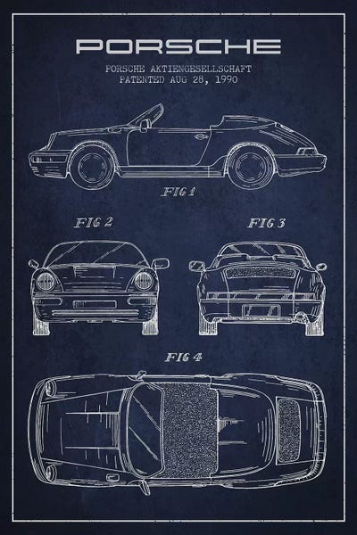 Automobile Blueprints: Porsche Corporation Porsche Patent Sketch (Navy Blue) by Aged Pixel
