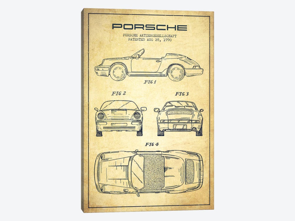 Porsche Corporation Porsche Patent Sketch (Vintage) by Aged Pixel 1-piece Canvas Print