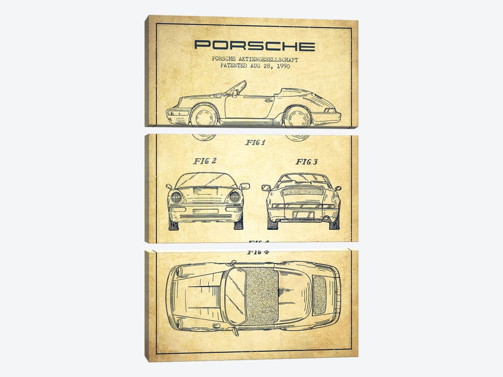 Porsche Corporation Porsche Patent Sketch (Vintage) by Aged Pixel 3-piece Art Print