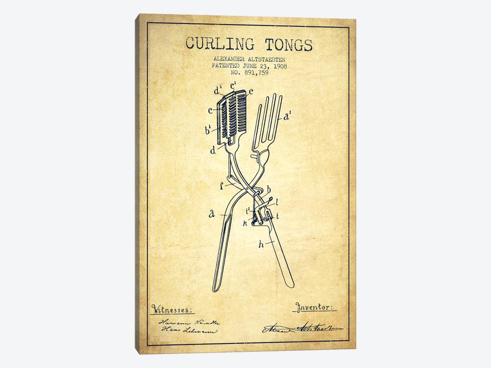 Curling Tongs Vintage Patent Blueprint by Aged Pixel 1-piece Canvas Wall Art