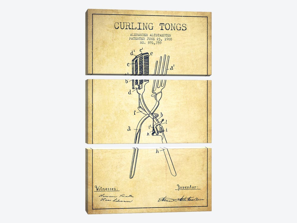 Curling Tongs Vintage Patent Blueprint by Aged Pixel 3-piece Canvas Wall Art
