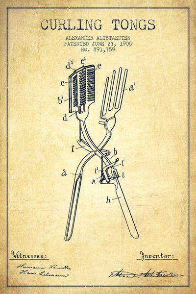 Beauty & Personal Care Blueprints: Curling Tongs Vintage Patent Blueprint by Aged Pixel