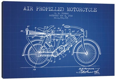 R.E. Forman Air-Propelled Motorcycle Patent Sketch (Blue Grid) Canvas Art Print - Motorcycle Blueprints