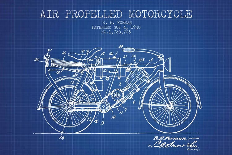 R.E. Forman Air-Propelled Motorcycle Patent Sketch (Blue Grid)