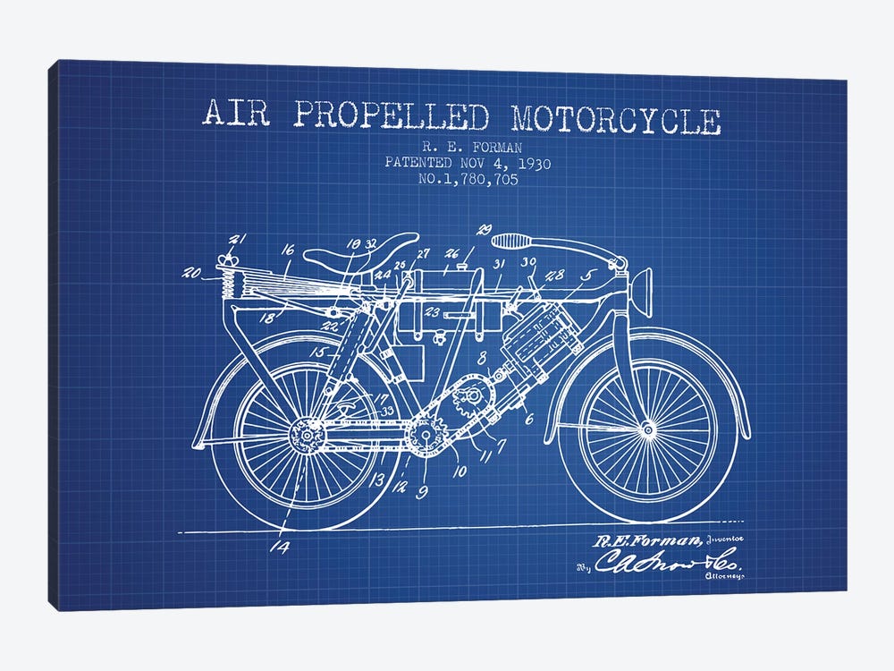 R.E. Forman Air-Propelled Motorcycle Patent Sketch (Blue Grid) by Aged Pixel 1-piece Canvas Artwork