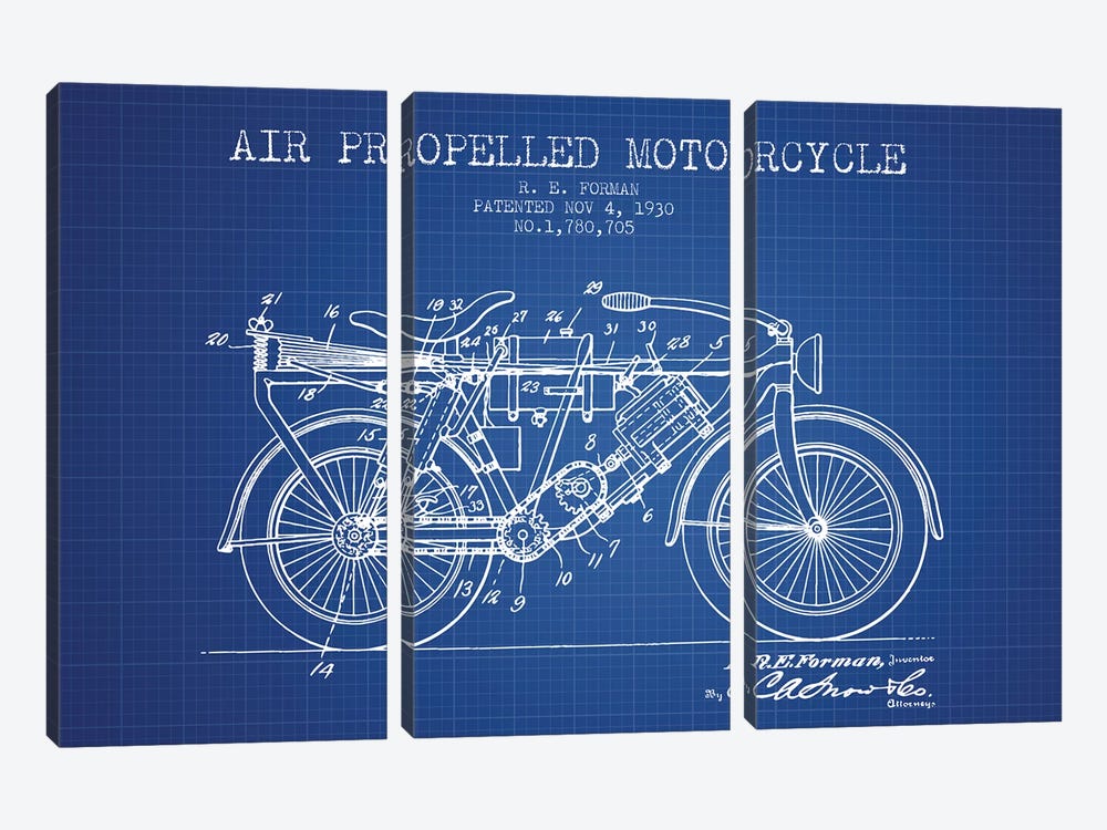 R.E. Forman Air-Propelled Motorcycle Patent Sketch (Blue Grid) by Aged Pixel 3-piece Canvas Wall Art