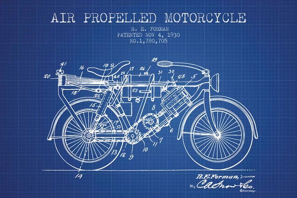 Motorcycles: R.E. Forman Air-Propelled Motorcycle Patent Sketch (Blue Grid) by Aged Pixel