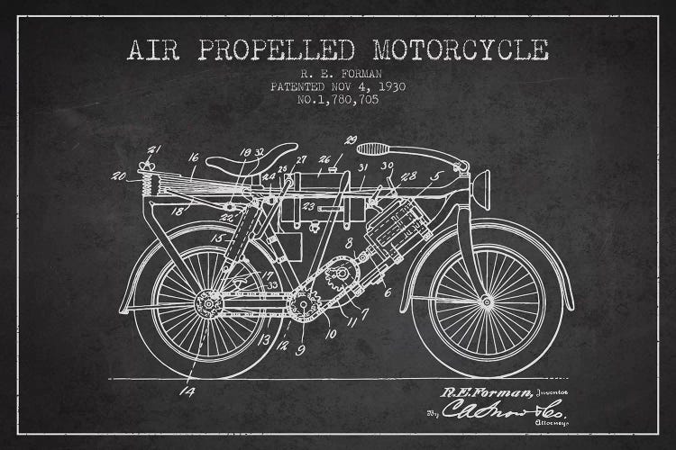 R.E. Forman Air-Propelled Motorcycle Patent Sketch (Charcoal) by Aged Pixel wall art