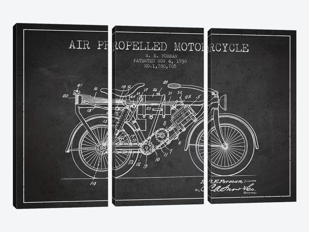 R.E. Forman Air-Propelled Motorcycle Patent Sketch (Charcoal) by Aged Pixel 3-piece Art Print
