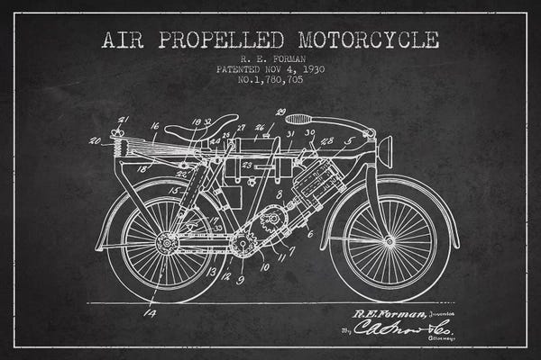 Motorcycle Blueprints: R.E. Forman Air-Propelled Motorcycle Patent Sketch (Charcoal) by Aged Pixel