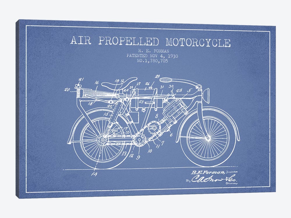 R.E. Forman Air-Propelled Motorcycle Patent Sketch (Light Blue) by Aged Pixel 1-piece Canvas Wall Art