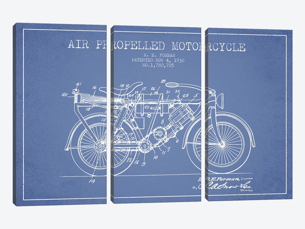 R.E. Forman Air-Propelled Motorcycle Patent Sketch (Light Blue) by Aged Pixel 3-piece Canvas Wall Art