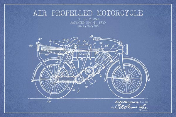Motorcycle Blueprints: R.E. Forman Air-Propelled Motorcycle Patent Sketch (Light Blue) by Aged Pixel