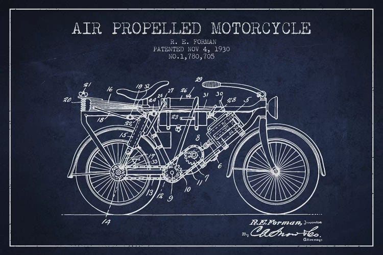 R.E. Forman Air-Propelled Motorcycle Patent Sketch (Navy Blue) by Aged Pixel wall art