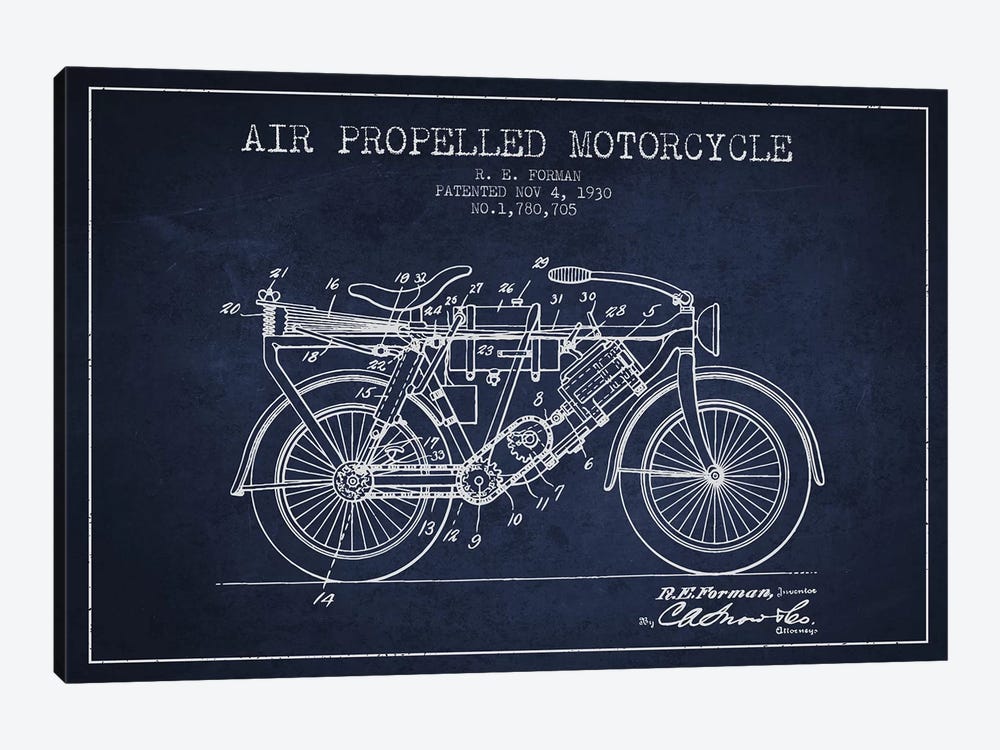 R.E. Forman Air-Propelled Motorcycle Patent Sketch (Navy Blue) by Aged Pixel 1-piece Canvas Print