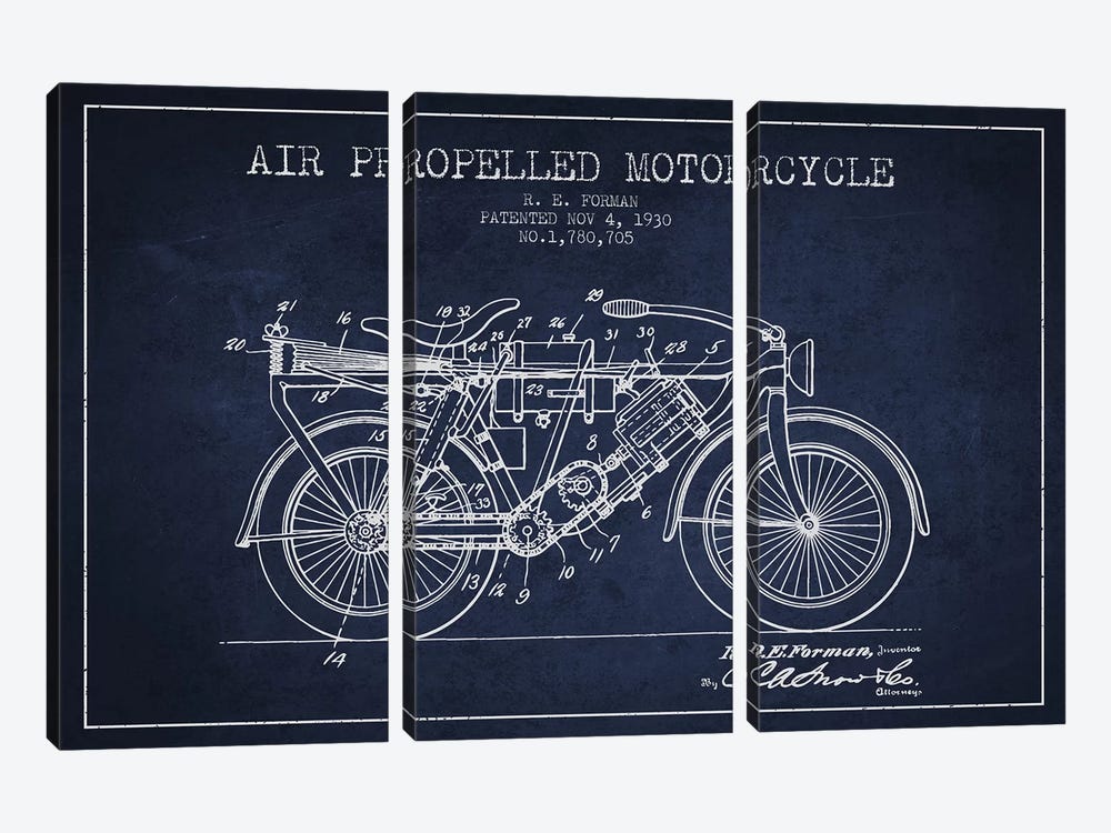 R.E. Forman Air-Propelled Motorcycle Patent Sketch (Navy Blue) by Aged Pixel 3-piece Art Print