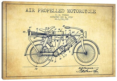 R.E. Forman Air-Propelled Motorcycle Patent Sketch (Vintage) Canvas Art Print - Aged Pixel: Motorcycles