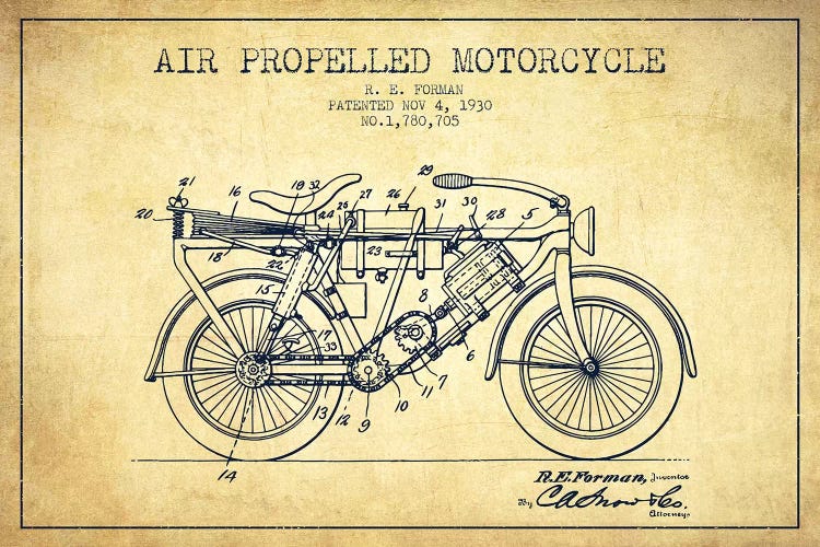R.E. Forman Air-Propelled Motorcycle Patent Sketch (Vintage) by Aged Pixel wall art