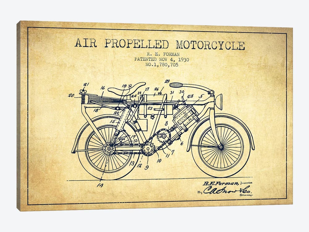 R.E. Forman Air-Propelled Motorcycle Patent Sketch (Vintage) by Aged Pixel 1-piece Canvas Art
