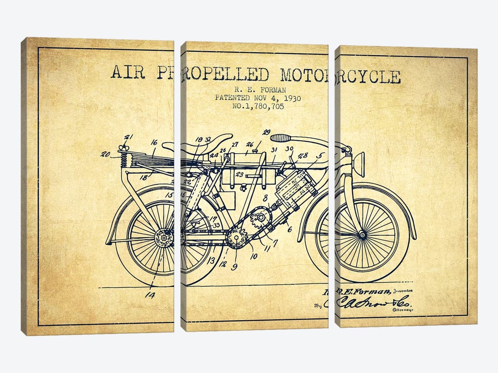R.E. Forman Air-Propelled Motorcycle Patent Sketch (Vintage) by Aged Pixel 3-piece Canvas Art