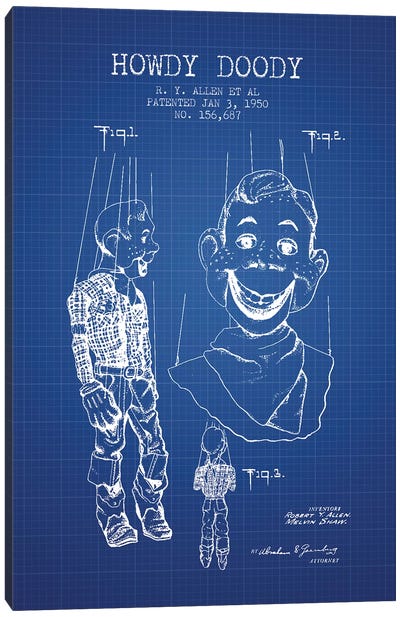 R.Y. Allen et al. Howdy Doody Patent Sketch (Blue Grid) Canvas Art Print - Toy & Game Blueprints