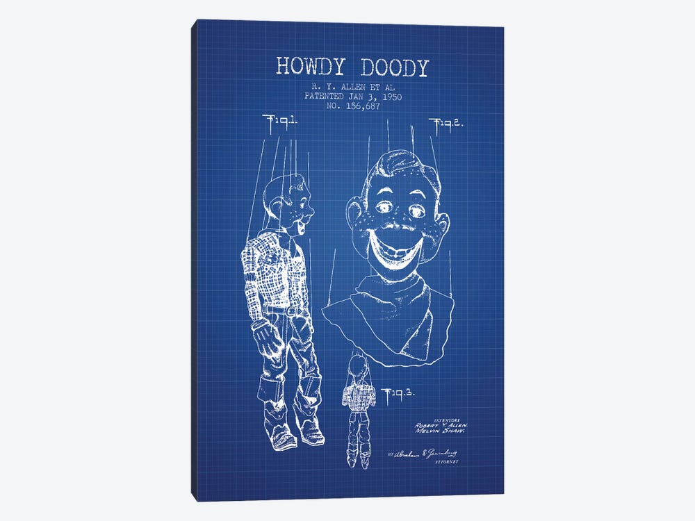 R.Y. Allen et al. Howdy Doody Patent Sketch (Blue Grid) by Aged Pixel 1-piece Canvas Art Print