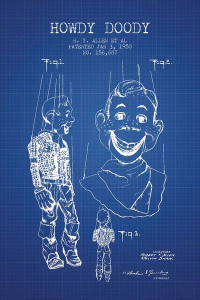 Toy & Game Blueprints: R.Y. Allen et al. Howdy Doody Patent Sketch (Blue Grid) by Aged Pixel