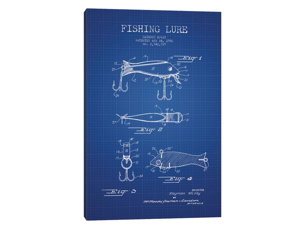 Raymond McVay Fishing Lure Patent Sketch (Blue Grid) I ( Sports > Fishing art) - 32x24x1