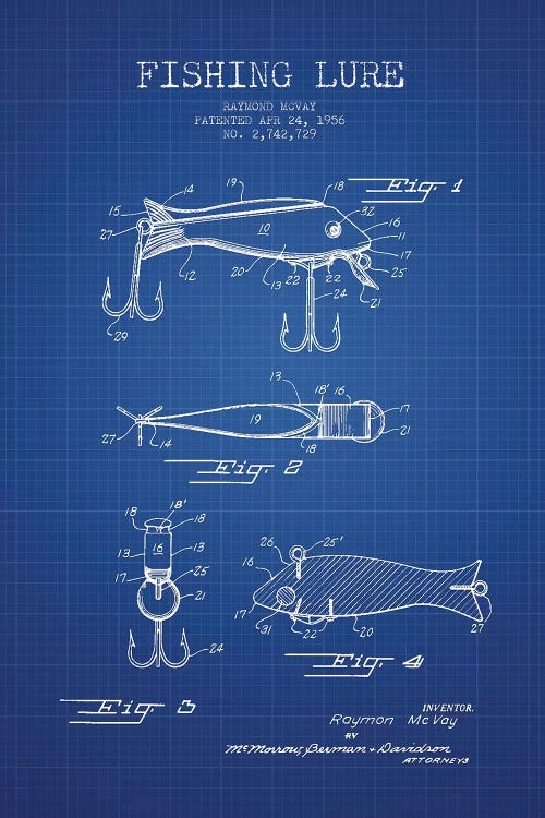 Raymond McVay Fishing Lure Patent Sketch (Blue Grid) I