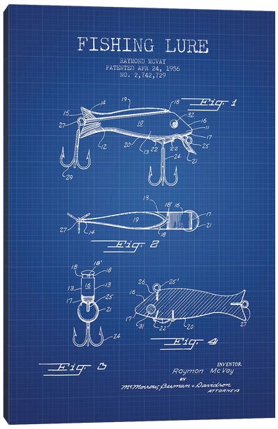 Raymond McVay Fishing Lure Patent Sketch (Blue Grid) I Canvas Art Print - Aged Pixel: Sports
