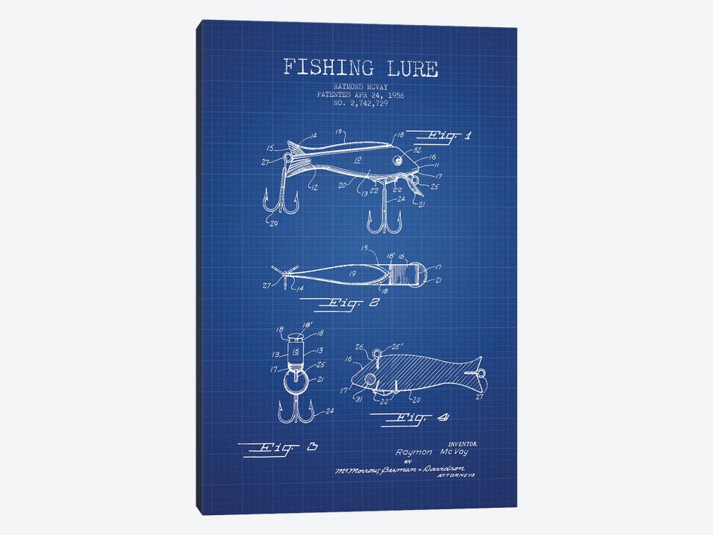 Raymond McVay Fishing Lure Patent Sketch (Blue Grid) I 1-piece Art Print